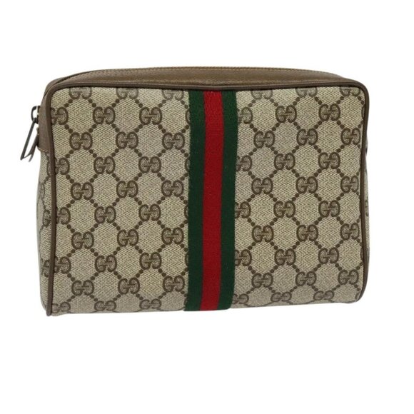 GUCCI GG Supreme Web Sherry Line Clutch Bag PVC Beige - Picture 1 of 15
